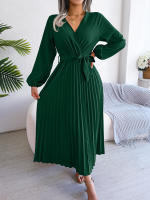 Vestido Largo Elegante Para Mujer Con Cuello En V Manga Larga Pleated Maxi Con Cinturón Estilo Casual De Pierna Larga - details 17