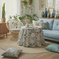 LaFábricadelasTelas - Falda o ropa de Mesa Camilla Redonda flores algodón color rojo-teja, gris-azul-marrón. Primavera Verano Loneta estampada flores algodón. Faldón Faldilla enagüilla - details 4