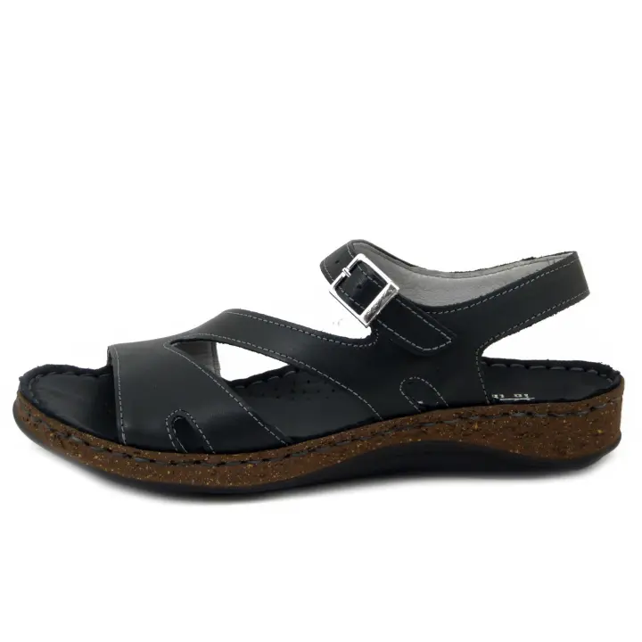 Sandalias de Mujer en Piel Negra, Cuña Baja, Suela Cómoda - 1