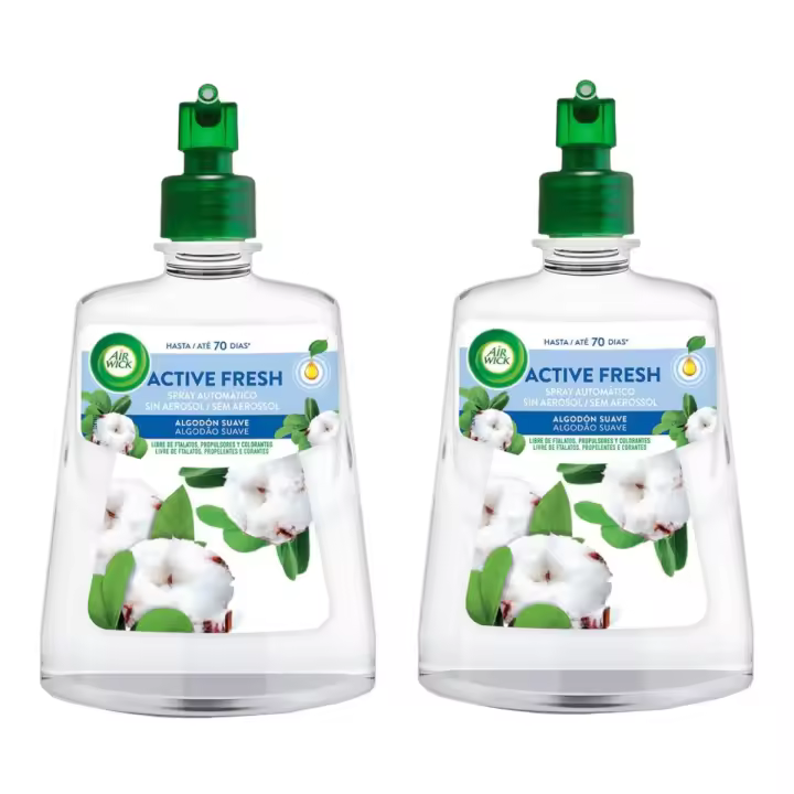 AIR WICK Pack de 2 botes de Active Fresh ambientador automático Olas del Océano y Sol Marino, Algodón suave, Flor de jazmín, Lavanda y lirio con aceites esenciales naturales recambio 228 ml - 1