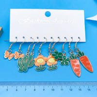 5 Pares De Pendientes Colgantes De Aleación De Zinc Con Diseño De Zanahoria Flor Y Cactus Para Niñas Joyas Moda Y Encanto - details 4