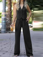 Conjunto de mujer, traje de señora para primavera y verano, chaleco sin mangas con cuello en V, pantalones wide-leg de corte relajado y caída fluida, conjunto casual. - details 3