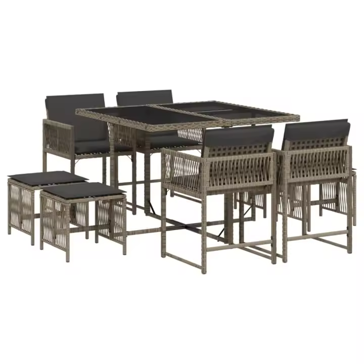 vidaXL Set comedor jardín 9 pzas y cojines ratán sintético gris - 1