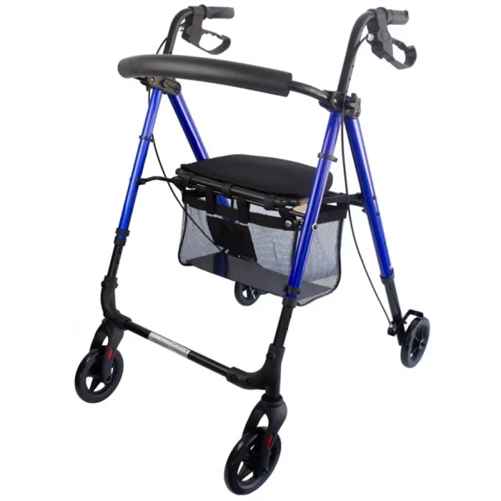 Mobiclinic® Andador para adultos Plegable Ligero De aluminio Ligero Regulable patas y asiento Con asiento y 4 ruedas Con sujeta bastones Con cesta Regulable Augusto Azul - 1