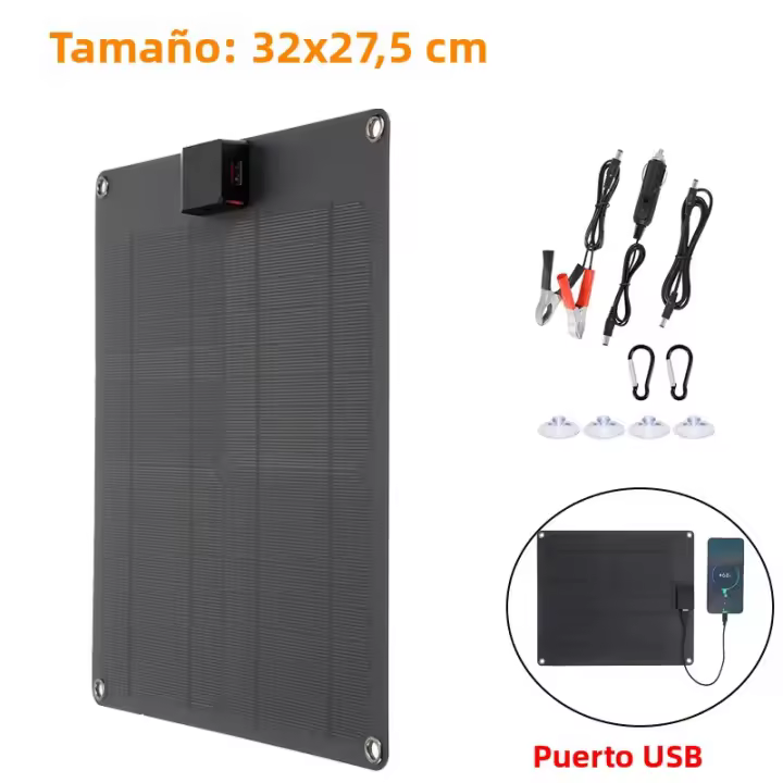 Panel Solar De 100W Con Carga USB Doble Y Celula De Silicio Policrystallino Para Katería De 12V Y Recarga De Teléfonos Móvil Para Camping Al Aire Libre Y Suministros De Energía Móvil - 1