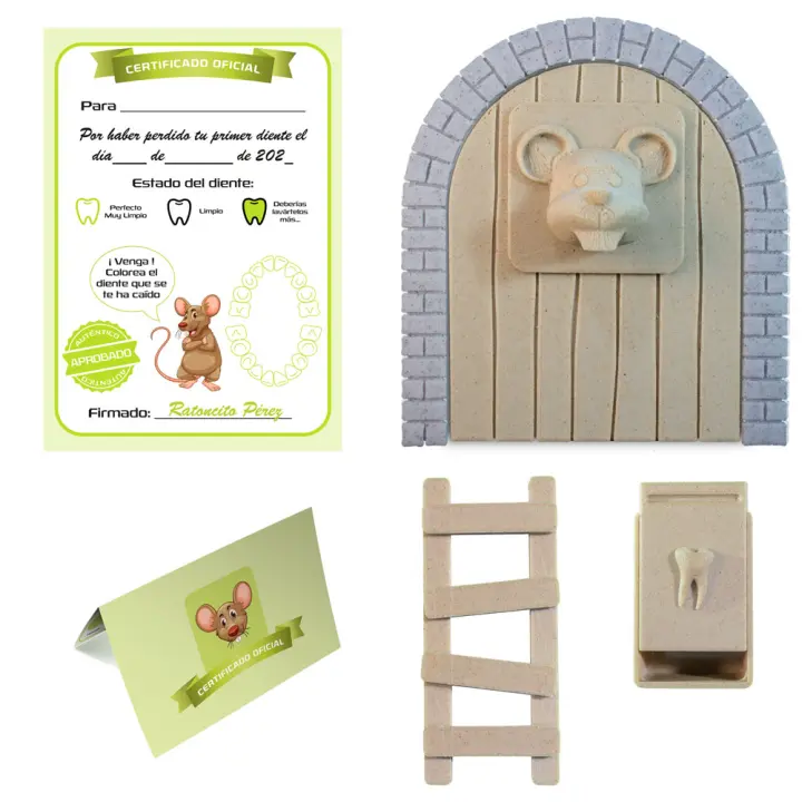 Ratoncito Pérez Puerta mágica, Caja para el Diente, Escalera, 4 certificados de Diente Limpio. Regalo Original para niño y niña. MFS Myfuturshop® - 1