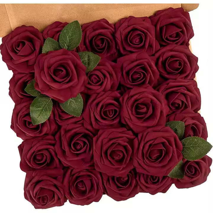Flores artificiales rosas, 25 piezas de rosas de espuma, para hacer ramos de novia, centros de mesa para baby shower, decoraciones para el hogar, color rojo oscuro - 1
