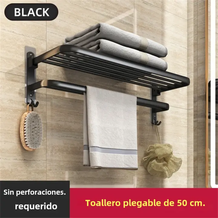 Soporte plegable de aluminio con gancho, toallero de montaje en pared, color negro mate, 50CM - 1