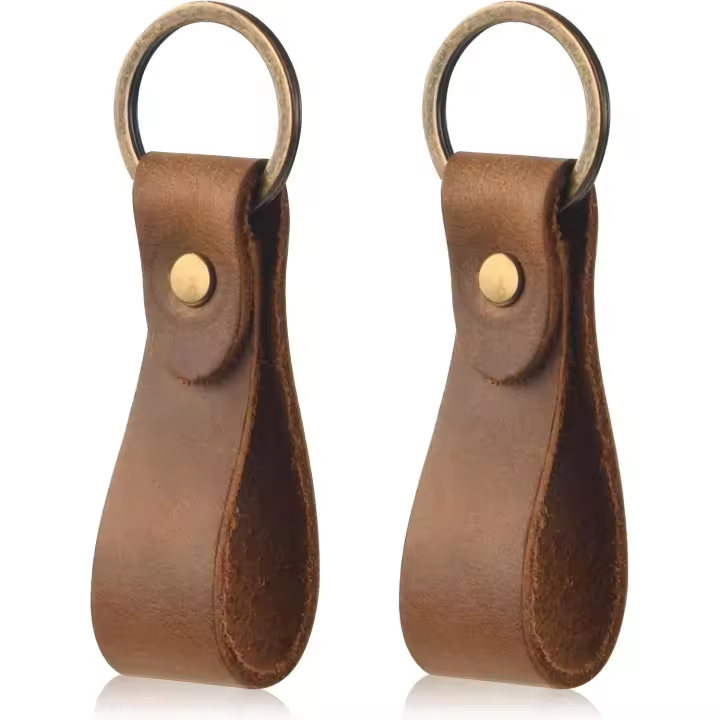 2PCs Llaveros de Piel Genuine with hebilla de metal, Llavero Cuero de Color Sólida Retro Llavero Piel para Coche para Mujeres Hombres, Marrón - 1