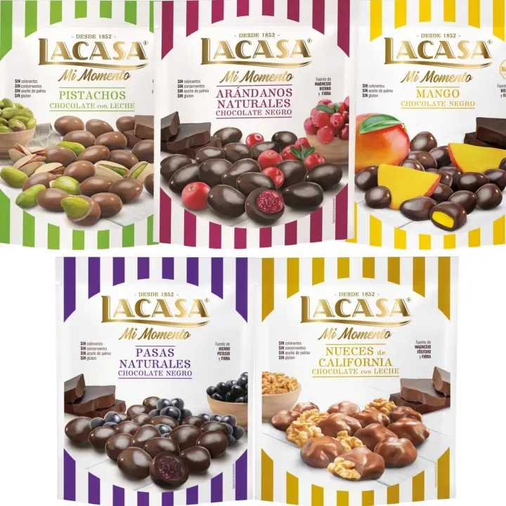 Lacasa Mi Momento pack de 5:Arándano choco Negro 125G,Nueces Leche 115G,Pasas choco Negro 150G,Pistacho Leche 100G,Mango choco Negro 115G - 1
