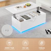 Moderna Mesa de Centro Blanca DE ALTO Brillo con iluminación LED y almacenamiento Oculto-Mesa Auxiliar con desplazamiento hidráulico, 100*50*35 cm, 40 kg de carga - details 5