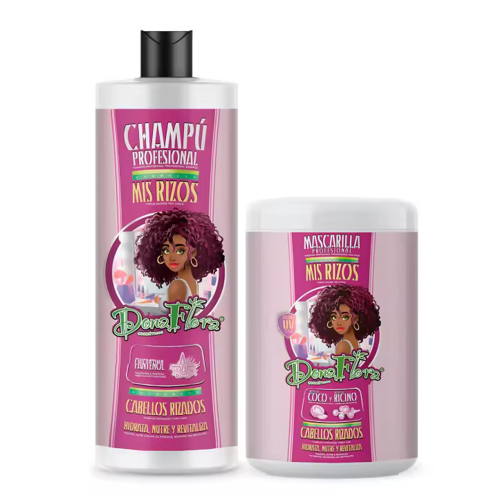 Pack Dona Flora Mis Rizos: Champú 1000ml + Mascarilla Capilar 1000ml - Control y definición de rizos - Pantenol y Queratina  - Vendido por Beauty World Distributor - 1