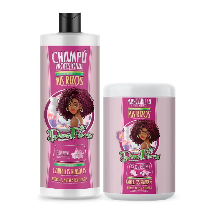 Pack Dona Flora Mis Rizos: Champú 1000ml + Mascarilla Capilar 1000ml - Control y definición de rizos - Pantenol y Queratina  - Vendido por Beauty World Distributor - 1