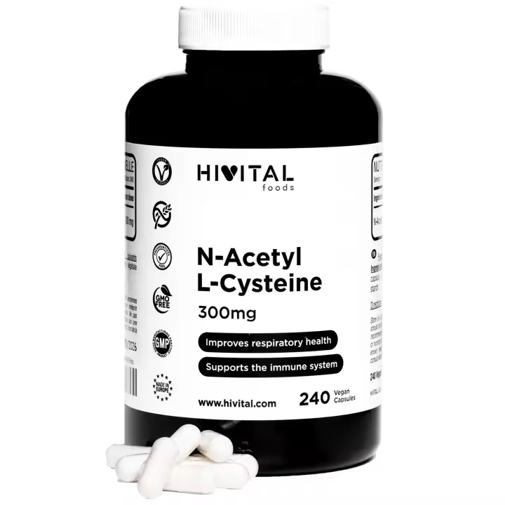 NAC N-Acetil Cisteina 300 mg. 240 cápsulas veganas para 8 meses. N-Acetil-L-Cisteína NAC para mejorar las defensas. N-Acetilcisteina de alta absorción para mejorar el sistema respiratorio. Hivital - 1