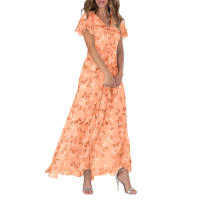 Vestido Largo De Mujer Elegante En Chiffon Floral Con Manga Corta Y Cuello En V A-Line Con Volante Y Cintura Empresarial Para Verano - details 1