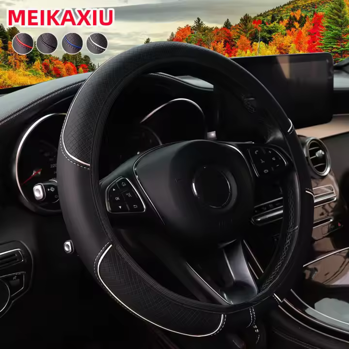 Cubierta De Volante De Coche Sin Borde Interior Con Bandeja Coloreada Y Cuero Embossado Adecuada Para 14.5-15 Pulgadas 37-38cm Suministros De Interior De Coche - 1