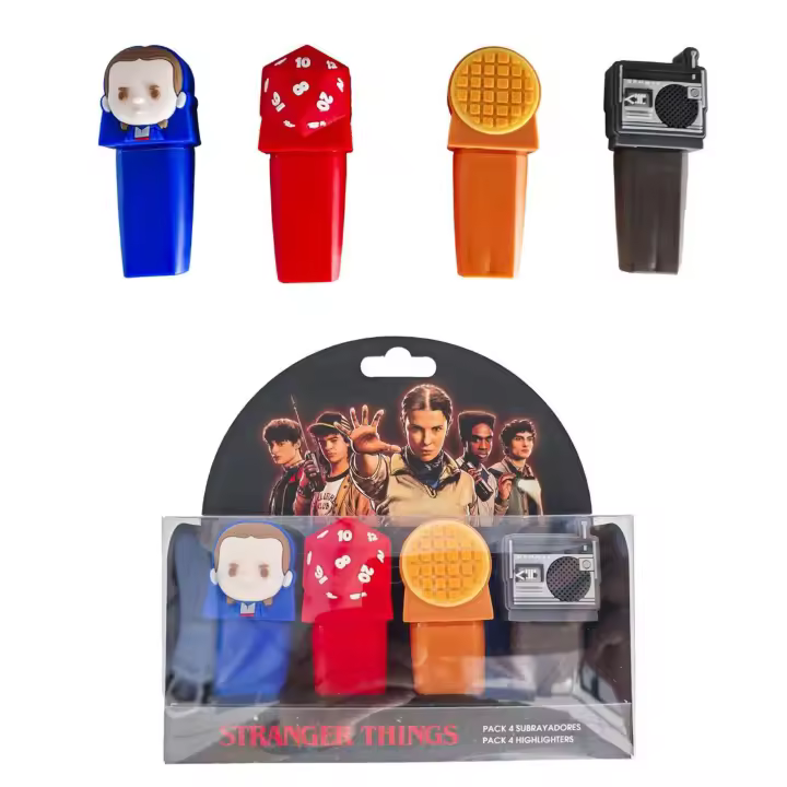 Set de Subrayadores Stranger Things para Fans - Pack de 4 Rotuladores Temáticos, Diseño Colorido con Figuras Icónicas, Ideal para Escuela, Oficina o Regalo - 1