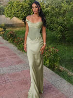 Vestido Maxi Sin Espalda Kliou Para Mujer Elegante Y Silky Simple De Hombros Descubiertos Sin Mangas Alineado Hasta La Rodilla Vestido De Fiesta De Calle Alta - details 13