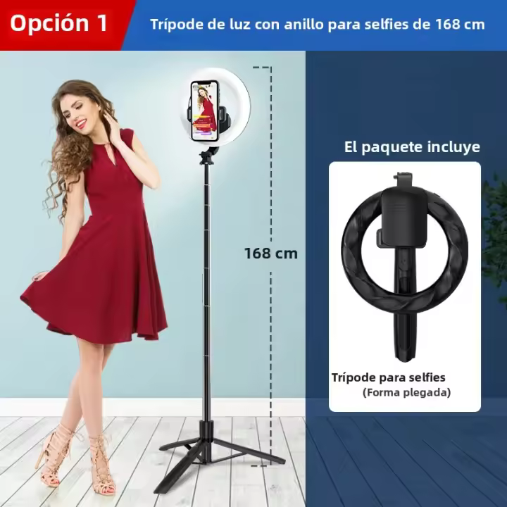 Palo Selfie Con Luz De Anillo De 8 Pulgadas Trípode Plegable De 1680mm Con Lámpara Recargable Bluetooth Sin Cable Para Smartphone iOS Android - 1