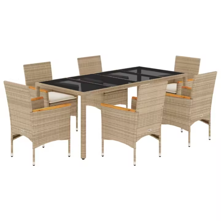 vidaXL Set comedor jardín 7 pzas cojines ratán sintético vidrio beige - 1