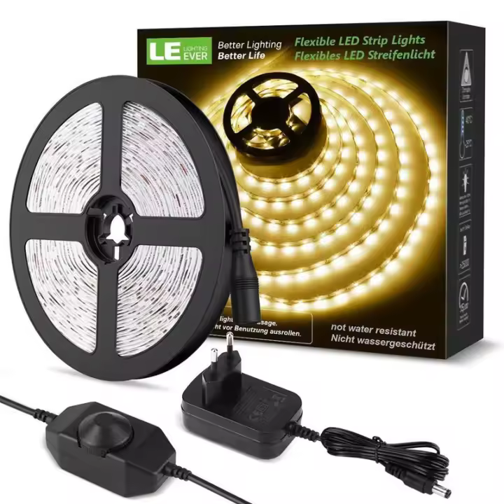 Tira de LED blanca de 5 m, regulable, luz diurna blanca fría de 6000 K (incluye enchufe de alimentación de 12 V e interruptor de regulación) - 1