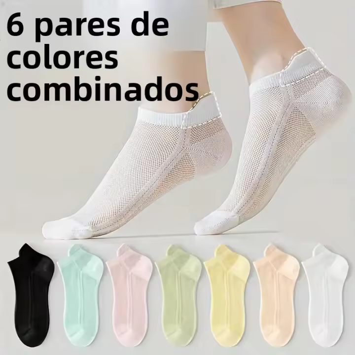 Medias Cortas De Malla Delgada Para Mujer 6/12 Pares Color Sólido Absorbentes De Sudor Transpirables Dopamine Colores Alineados Casual Primavera Verano - 1