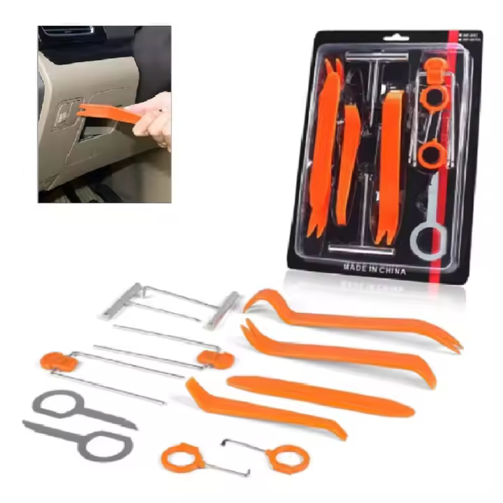 BARAC Kit de 12 herramientas para desmontar el salpicadero radio coche panel frontal, Juego de 12 piezas unidades montaje automovil, Panel de embellecedor automático, Clip y palancas para Audio estereo vehiculo - 1
