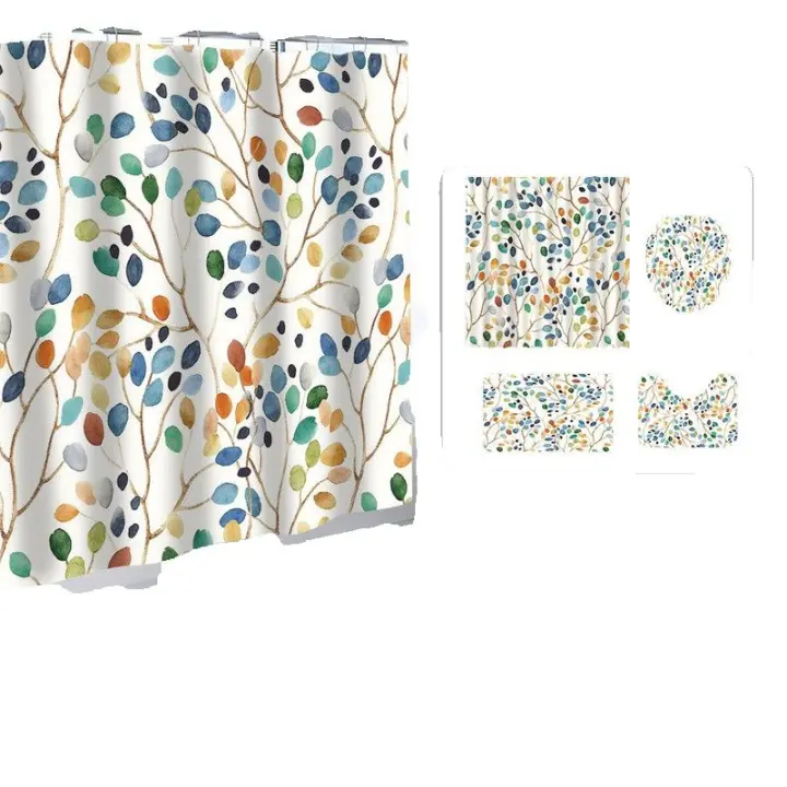 Juego de Cortina de Ducha y Tapete de Baño de 4 piezas, antibacterian, impermeable, antimoho, estampado de Ramas coloridas, 72 "x 72 - 1