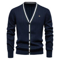 Cárdigan de otoño e invierno para hombre, suéter de manga larga con cuello en V, Chaqueta de punto con ribete de color contrastante a la moda, novedad de 2024 - details 9