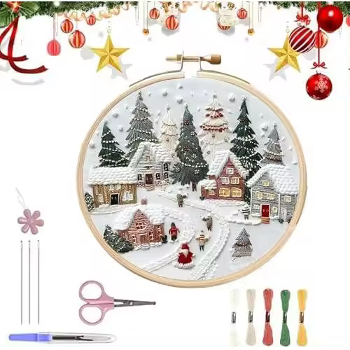 Kit de bordado navideño nuevo 2025, kit de bordado para principiantes para adultos, kit de bordado a mano con patrón de bordado estampado, kit de bordado de bricolaje para adultos que incluye aro - 1