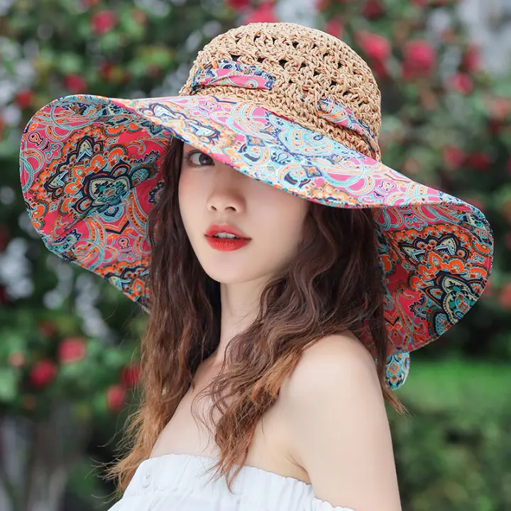 Sombrero De Paja Plegable Para Mujer Verano 2023 Moda Protección UV Sombrilla Playa Casual Con Lazo Talla Única Color Natural - 1
