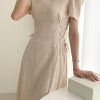 Vestido Largo De Algodón Y Lino Para Mujer Estilo Retro Vintage Con Manga Corta Diseño Sólido A-Line Cuello V Moda De Oficina - details 13