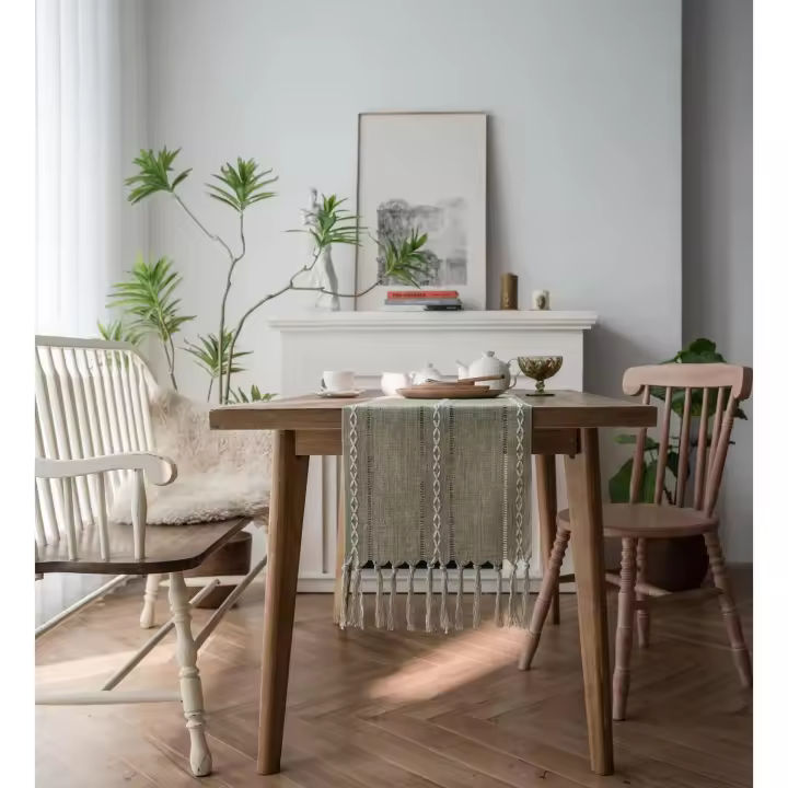 Mantel de Algodón y Lino con Borla Hecha a Mano - Estilo Granja - 1