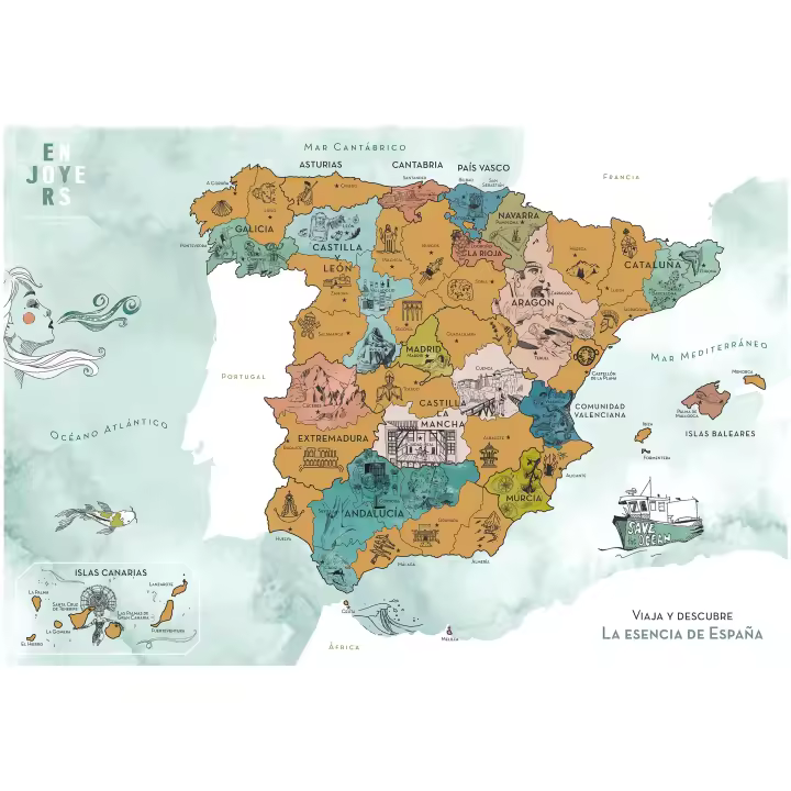 ENJOYERS - Mapa España para Rascar. Mapa Rascable La Esencia de España Ilustrado a Mano. Laminas Decorativas Pared 65x45 cm. Lamina Viajes Regalo para Viajeros. Sin Marco - 1