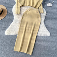 Conjunto De Ropa De Mujer REALEFT Otoño Invierno 3 Piezas Traje De Tejido Knitted Cardigan De Botón Sencillo Y Tops Falda Elegante Para Oficina - details 44