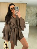 Vestido De Mujer Con Cuello V Y Volantes De Manga Larga Cierre Con Lazo Irregular Y Estilo Oficina Lady Longitud Mini - details 4