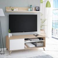 Meimon Mueble TV KIKUA PLUS con estante de colgar, 1 puerta con apertura push, patas ABS, hueco pasacables, acabado en Roble Canadian y Blanco Ark, fabricado en melamina TIPO E1, medidas TV: 135x40x50 cm, estante: 135x17,5x19,5 cm, carga máx. 40 kg. - details 1