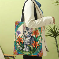 Bolso De Hombro Para Mujer Durable De Lino Con Estampado De Flores Y Gatos Bolso De Compras Y Playa Casual Unisex - details 0