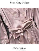 Conjunto De Pijamas Para Mujer Leepwear 2PCS Satinado Con Camisola De Encaje Y Bata De Noche V-Neck Longitud Pierna Completa Estilo Básico Para Novia - details 12