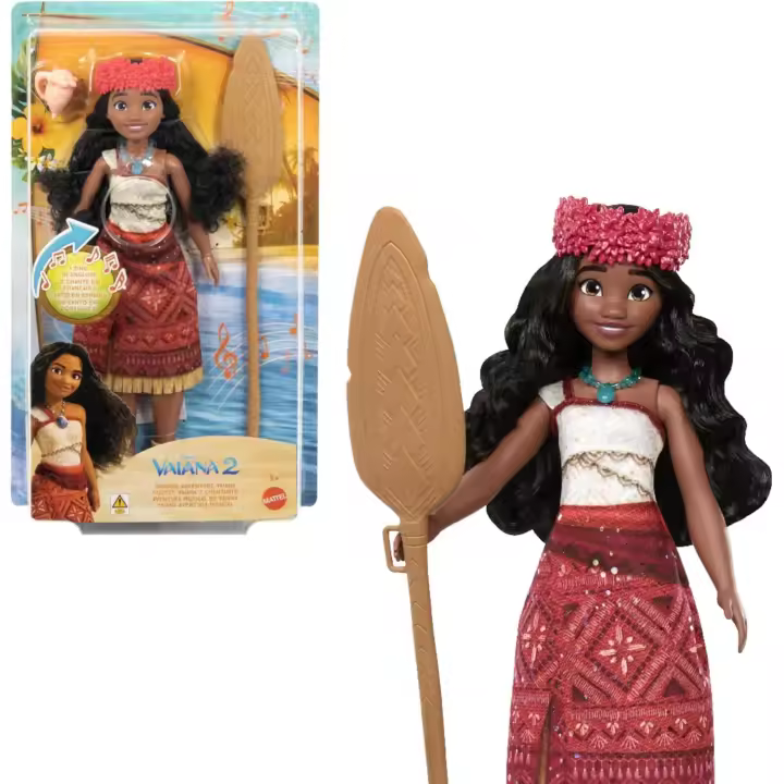 Mattel Disney “Vaiana 2” Aventura musical de Vaiana Muñeca con atuendo característico y accesorios, canta “We're Back” en cuatro idiomas: Inglés, Francés, Portugués, Español (JBT62) - 1