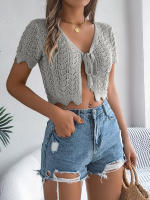 Cardigan De Punto Para Mujer Verano Otoño Ligero De Visón Manga Corta Cuello Redondo Estilo Casual Color Sólido Con Agujeros - details 31