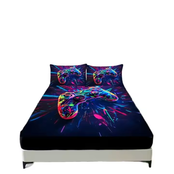 3PC Juego De Sábanas Para Cama Con Diseño De Juego Colorido Y Brillante 1 Sábana De Encaje + 2 Fundas Para Almohadas Técnica De Impresión Digital Adecuado Para Todas Las Estaciones - 1