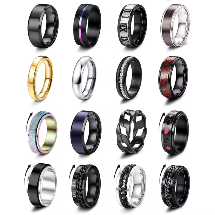 Anillos de Banda Fresca Negro Plata para Hombre - 1