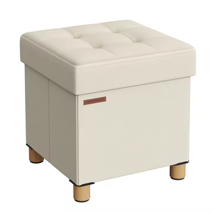 SONGMICS Puff Almacenaje, Baúl de Almacenaje Plegable, 38 x 38 cm, Taburete Reposapiés, Banco con Almacenamiento, Soporta hasta 300 kg, para Sala de Estar, Dormitotio, Blanco Crema - 1