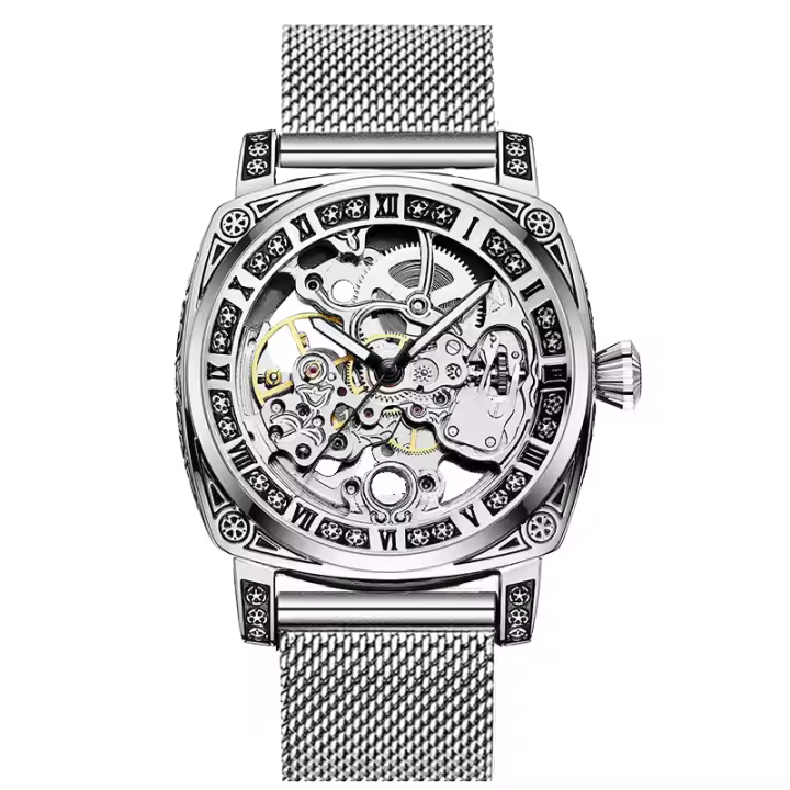 Reloj Mecánico Para Hombre Estilo Casual Sencillo Y Atmosferico Con Luz Luminosa Hueca Resistente Al Agua Dial Romano Material De La Correa Aleación - 1