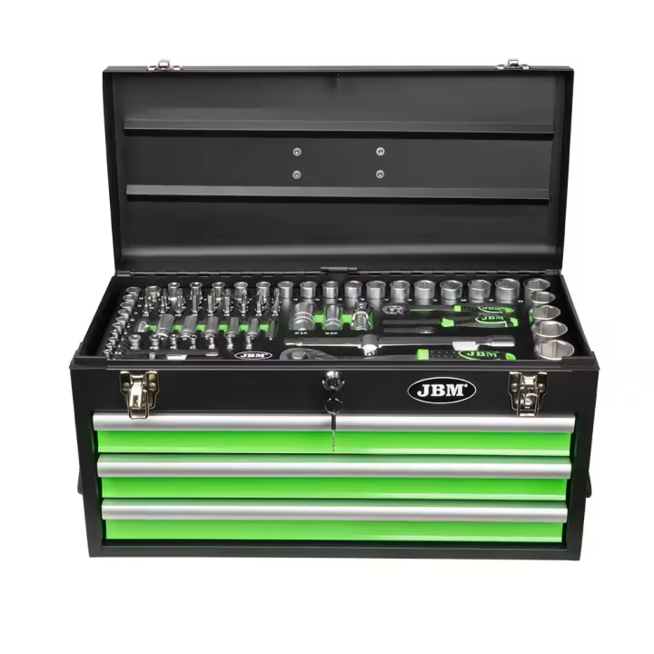 JBM CAJA METÁLICA CON HERRAMIENTAS 143 PIEZAS CINCADO , CAJA HERRAMIENTAS METALICA [143 PIEZAS] , Caja herramientas profesional metálica con 4 cajones con cierre centralizado. Toda la herramienta viene distribuida en 4 cajones. - 1