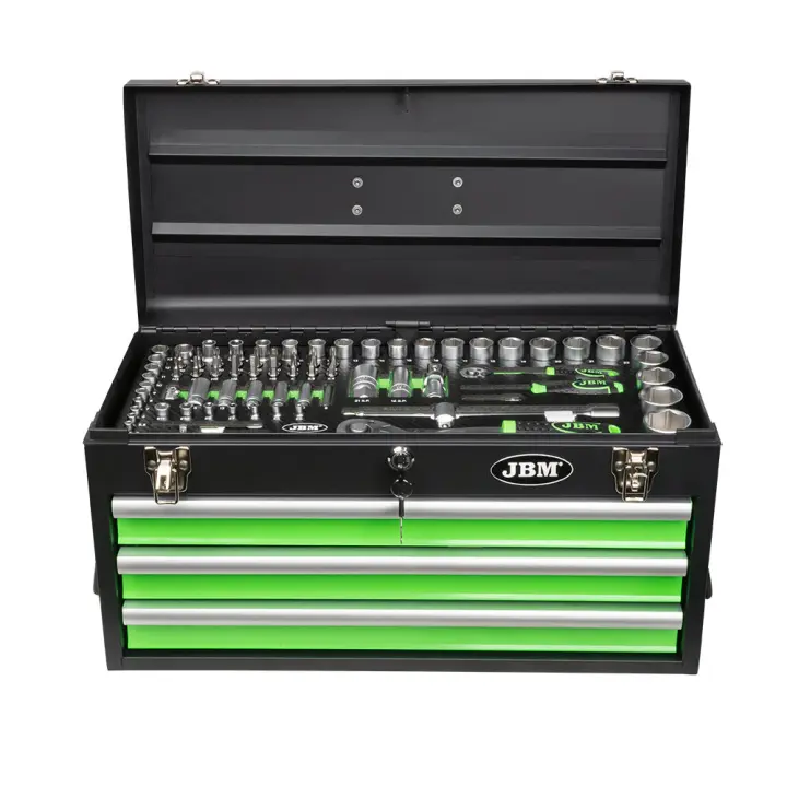 JBM CAJA METÁLICA CON HERRAMIENTAS 143 PIEZAS CINCADO , CAJA HERRAMIENTAS METALICA [143 PIEZAS] , Caja herramientas profesional metálica con 4 cajones con cierre centralizado. Toda la herramienta viene distribuida en 4 cajones. - 1