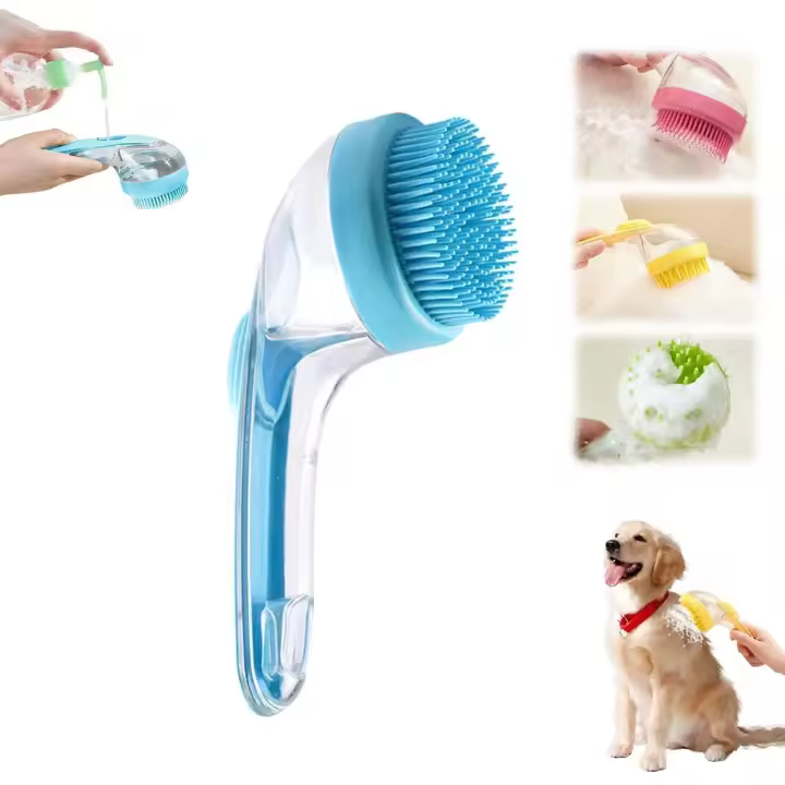 Cepillo de baño para mascotas, 2 en 1, con dispensador de champú integrado, para bañar y masajear perros de pelo largo y corto, y gatos (azul - 1