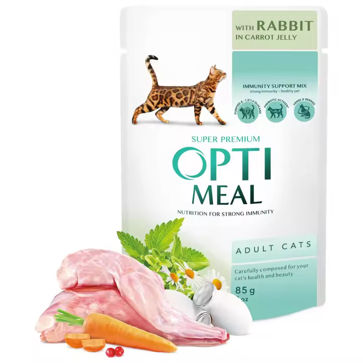 Comida húmeda completa para gatos adultos OPTIMEAL con conejo y zanahoria en gelatina, PACK 12*85g - 1