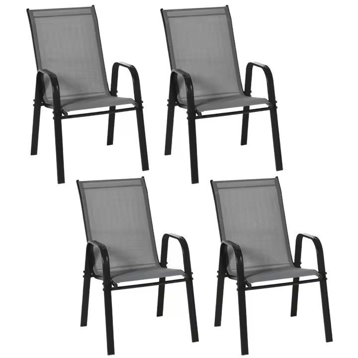 Outsunny Juego de 4 Sillas de Jardín Exterior Sillas Terraza Exterior Apilables Sillón de Comedor con Tela Transpirable Marco de Metal Reposabrazos y Respaldo 54x75,5x95 cm Gris Oscuro - 1